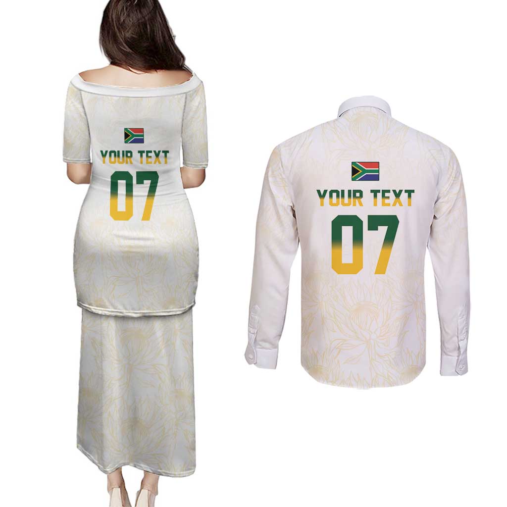 South Africa Cricket Champion Custom Couples Matching Puletasi and Long Sleeve Button Shirt Gold Proteas - All White - Wonder Print Shop