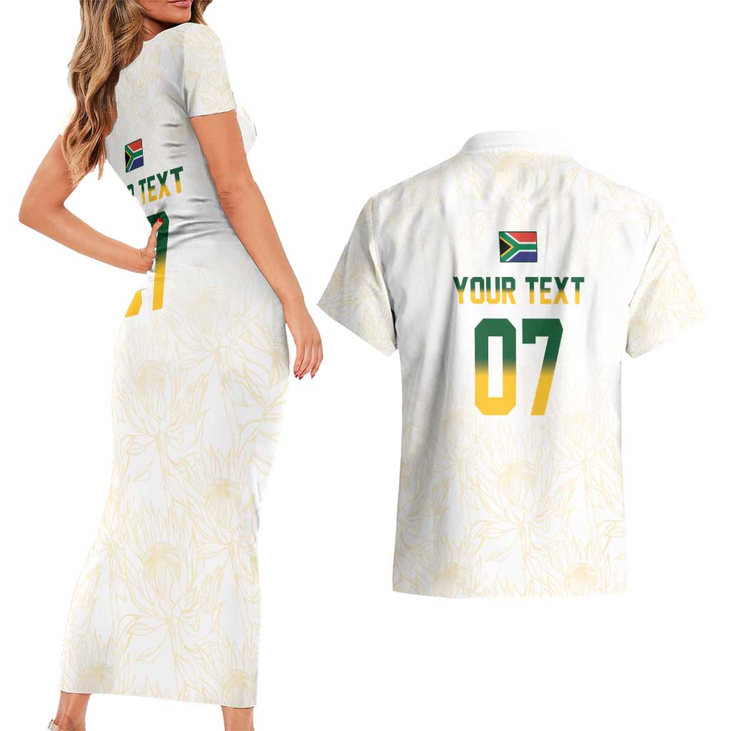 South Africa Cricket Champion Custom Couples Matching Short Sleeve Bodycon Dress and Hawaiian Shirt Gold Proteas - All White - Wonder Print Shop