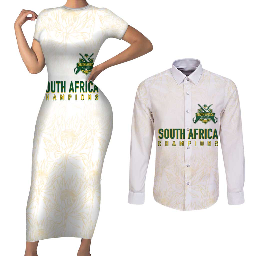 South Africa Cricket Champion Custom Couples Matching Short Sleeve Bodycon Dress and Long Sleeve Button Shirt Gold Proteas - All White - Wonder Print Shop