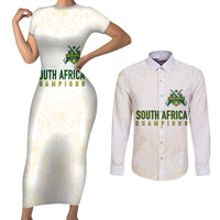 South Africa Cricket Champion Custom Couples Matching Short Sleeve Bodycon Dress and Long Sleeve Button Shirt Gold Proteas - All White - Wonder Print Shop