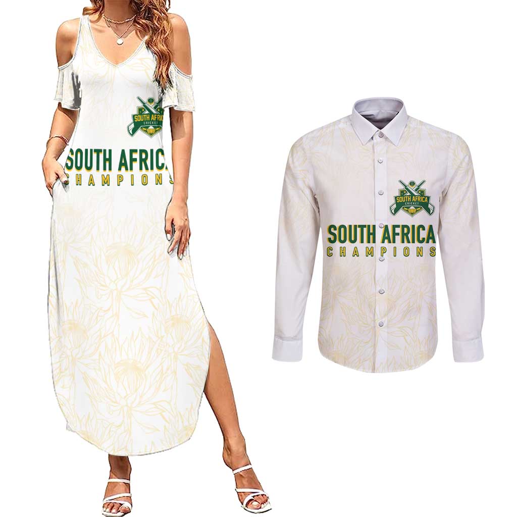 South Africa Cricket Champion Custom Couples Matching Summer Maxi Dress and Long Sleeve Button Shirt Gold Proteas - All White - Wonder Print Shop