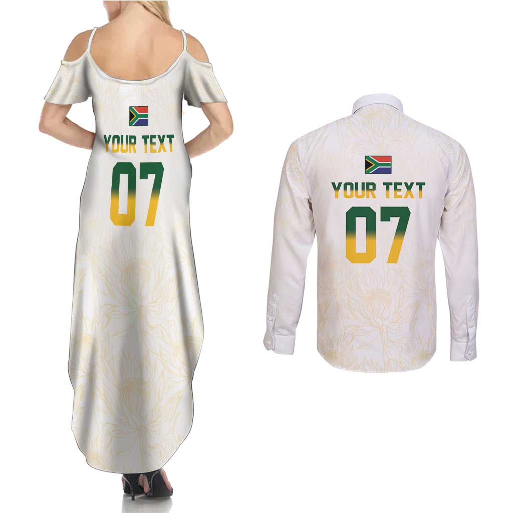 South Africa Cricket Champion Custom Couples Matching Summer Maxi Dress and Long Sleeve Button Shirt Gold Proteas - All White - Wonder Print Shop
