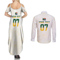 South Africa Cricket Champion Custom Couples Matching Summer Maxi Dress and Long Sleeve Button Shirt Gold Proteas - All White - Wonder Print Shop
