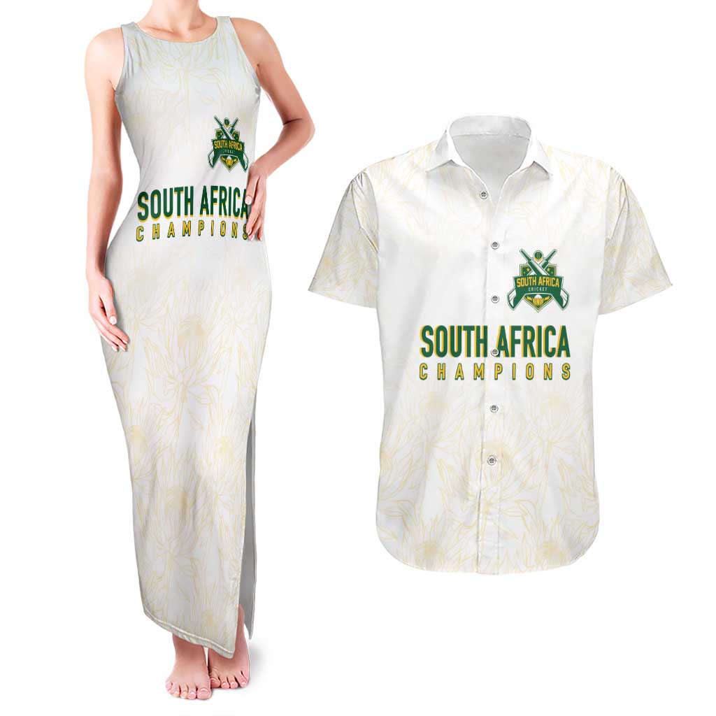 South Africa Cricket Champion Custom Couples Matching Tank Maxi Dress and Hawaiian Shirt Gold Proteas - All White - Wonder Print Shop