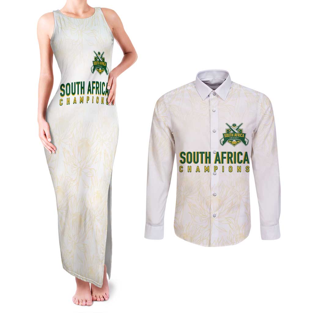 South Africa Cricket Champion Custom Couples Matching Tank Maxi Dress and Long Sleeve Button Shirt Gold Proteas - All White - Wonder Print Shop