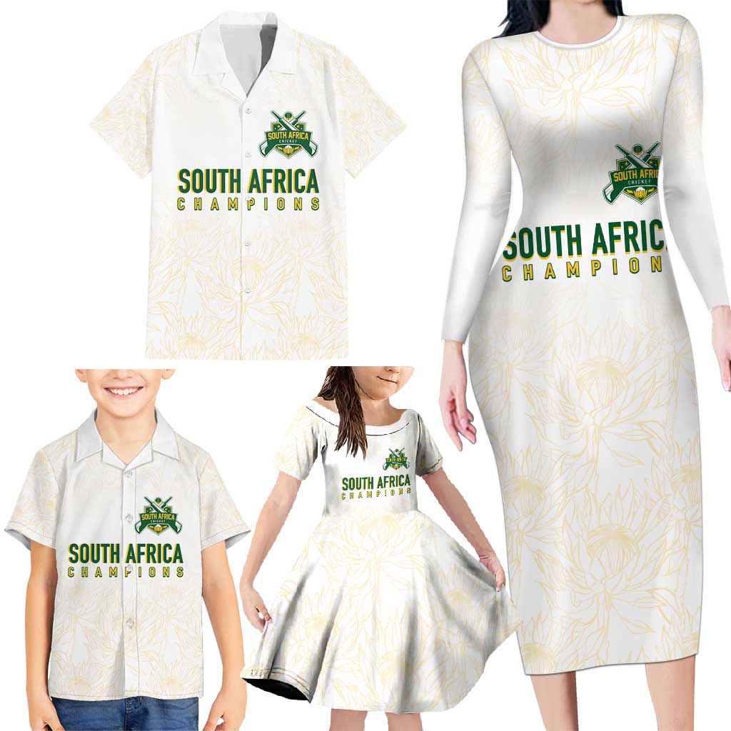 South Africa Cricket Champion Custom Family Matching Long Sleeve Bodycon Dress and Hawaiian Shirt Gold Proteas - All White - Wonder Print Shop