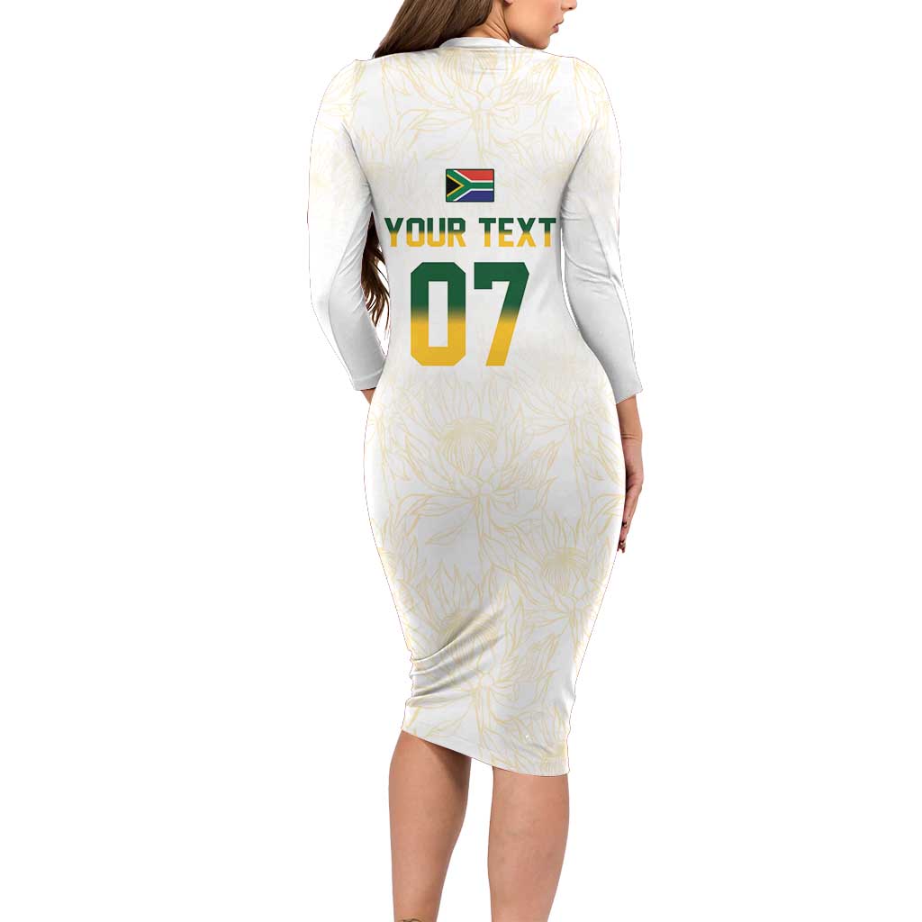 South Africa Cricket Champion Custom Family Matching Long Sleeve Bodycon Dress and Hawaiian Shirt Gold Proteas - All White - Wonder Print Shop