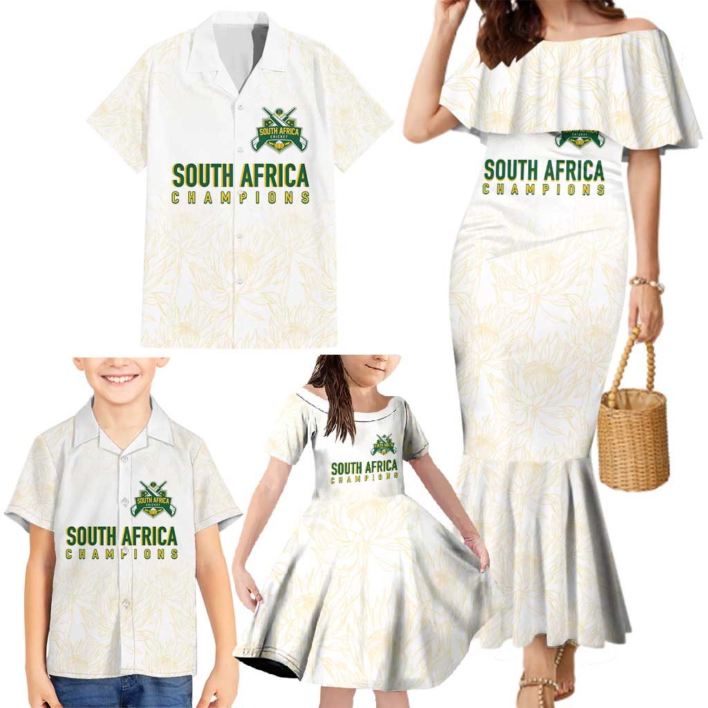 South Africa Cricket Champion Custom Family Matching Mermaid Dress and Hawaiian Shirt Gold Proteas - All White - Wonder Print Shop