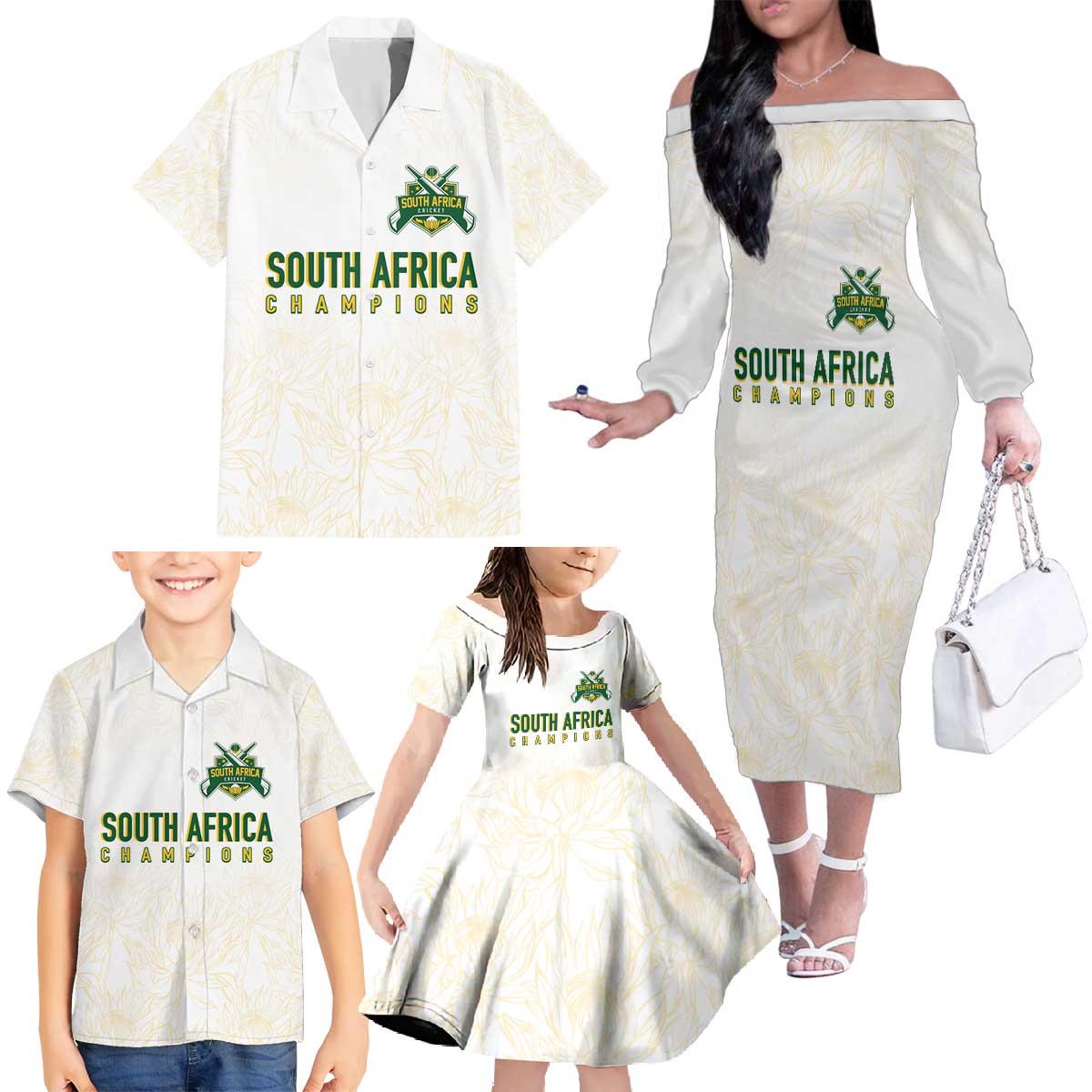 South Africa Cricket Champion Custom Family Matching Off The Shoulder Long Sleeve Dress and Hawaiian Shirt Gold Proteas - All White - Wonder Print Shop