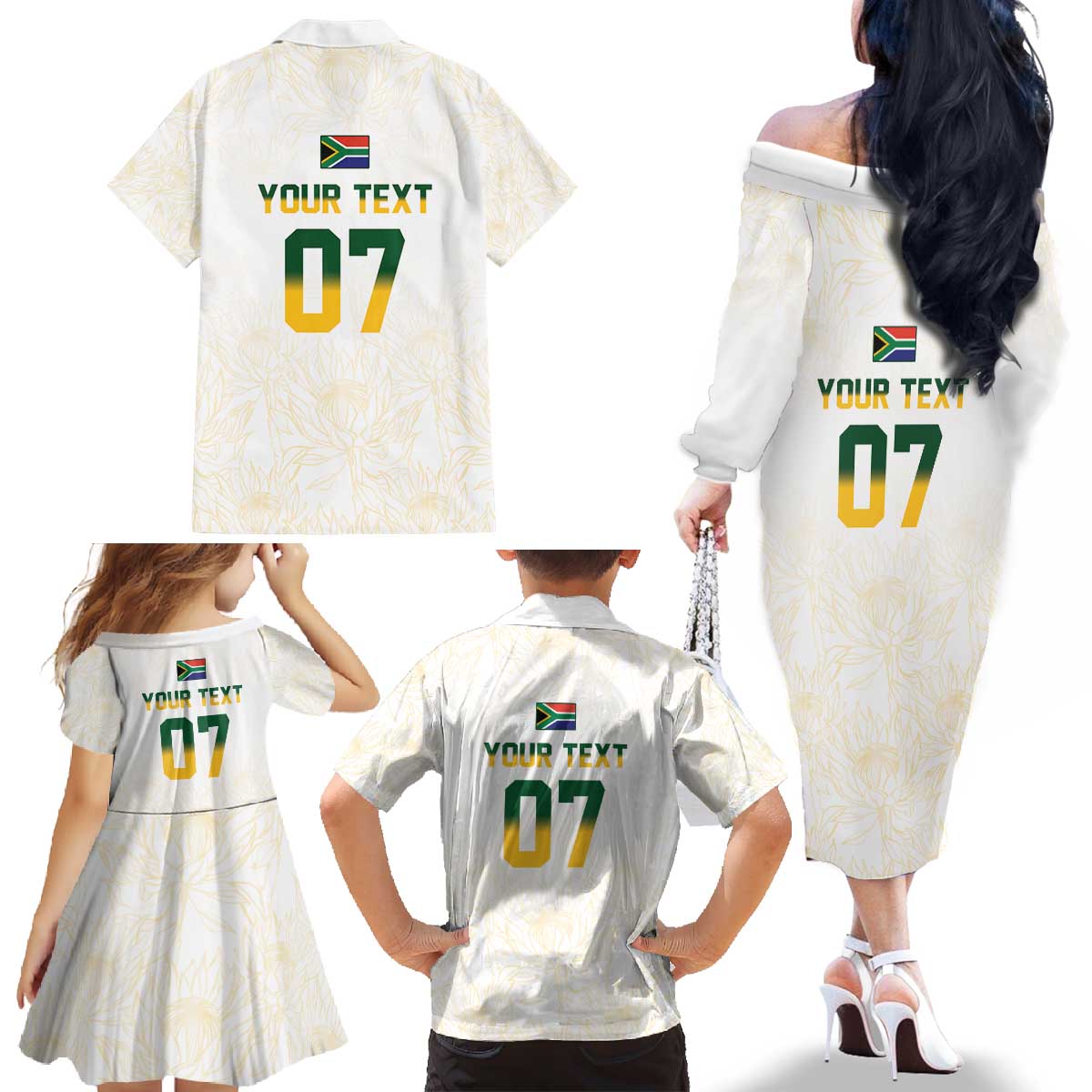 South Africa Cricket Champion Custom Family Matching Off The Shoulder Long Sleeve Dress and Hawaiian Shirt Gold Proteas - All White - Wonder Print Shop