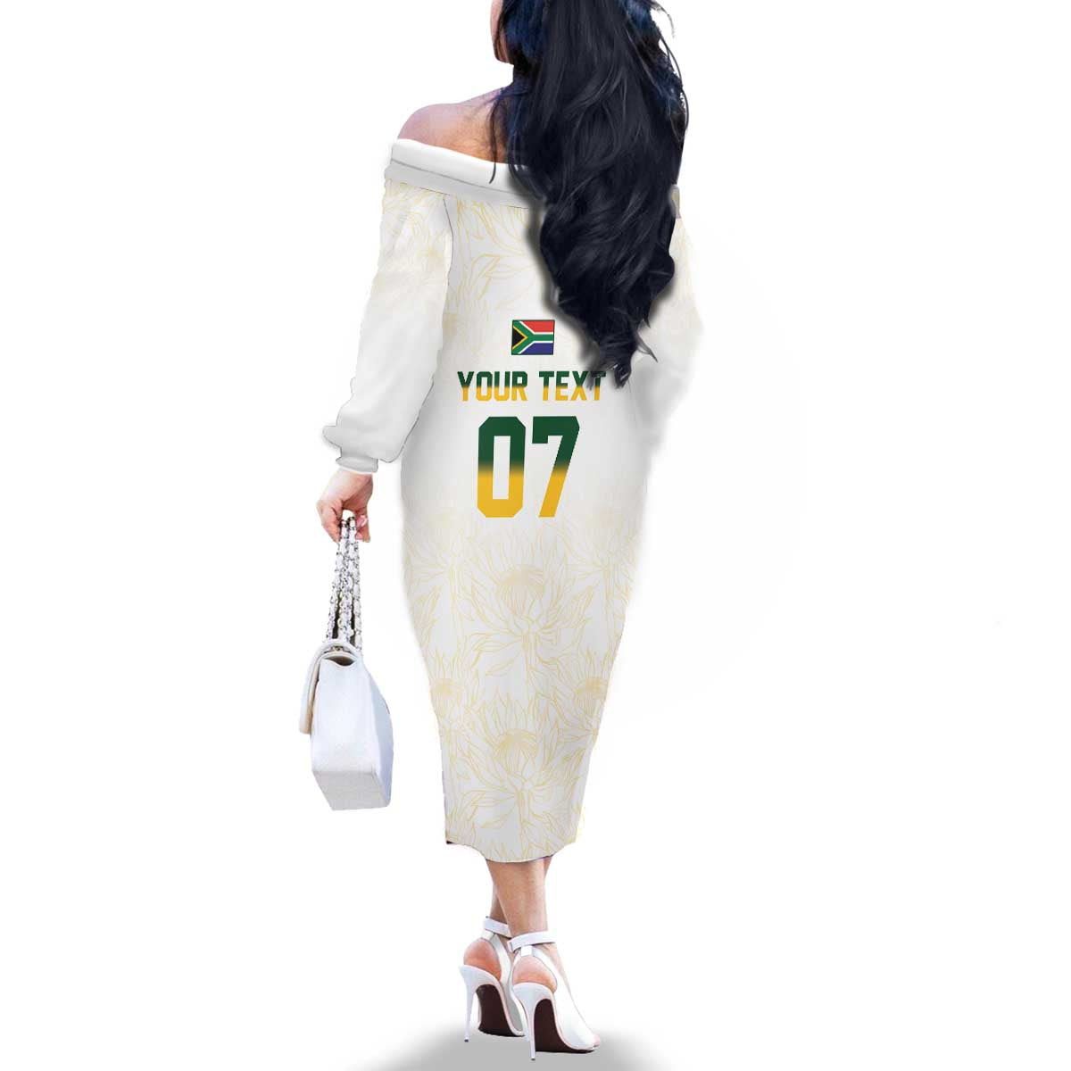 South Africa Cricket Champion Custom Family Matching Off The Shoulder Long Sleeve Dress and Hawaiian Shirt Gold Proteas - All White - Wonder Print Shop