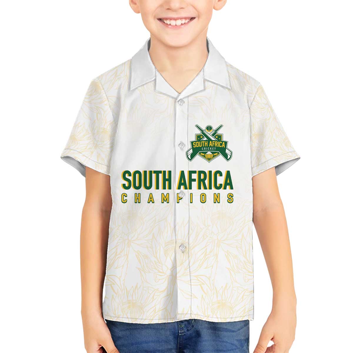 South Africa Cricket Champion Custom Family Matching Off The Shoulder Long Sleeve Dress and Hawaiian Shirt Gold Proteas - All White - Wonder Print Shop