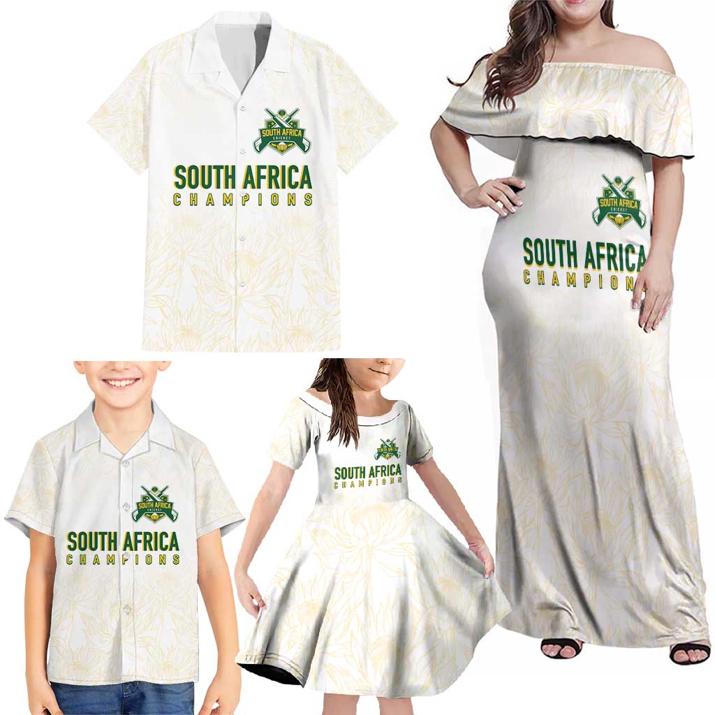 South Africa Cricket Champion Custom Family Matching Off Shoulder Maxi Dress and Hawaiian Shirt Gold Proteas - All White - Wonder Print Shop