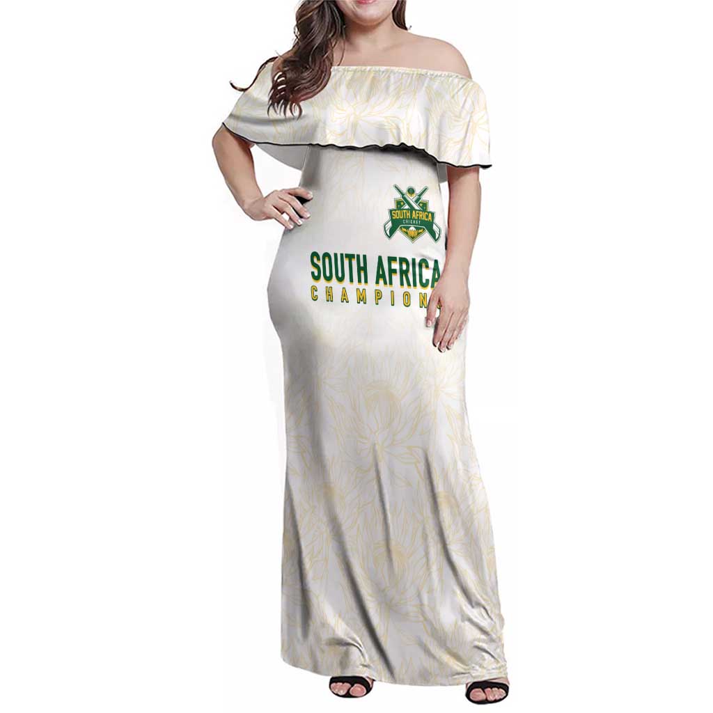South Africa Cricket Champion Custom Family Matching Off Shoulder Maxi Dress and Hawaiian Shirt Gold Proteas - All White - Wonder Print Shop