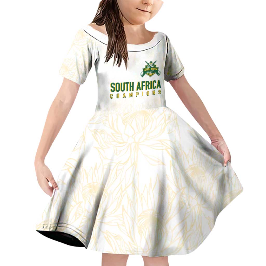 South Africa Cricket Champion Custom Family Matching Off Shoulder Short Dress and Hawaiian Shirt Gold Proteas - All White - Wonder Print Shop
