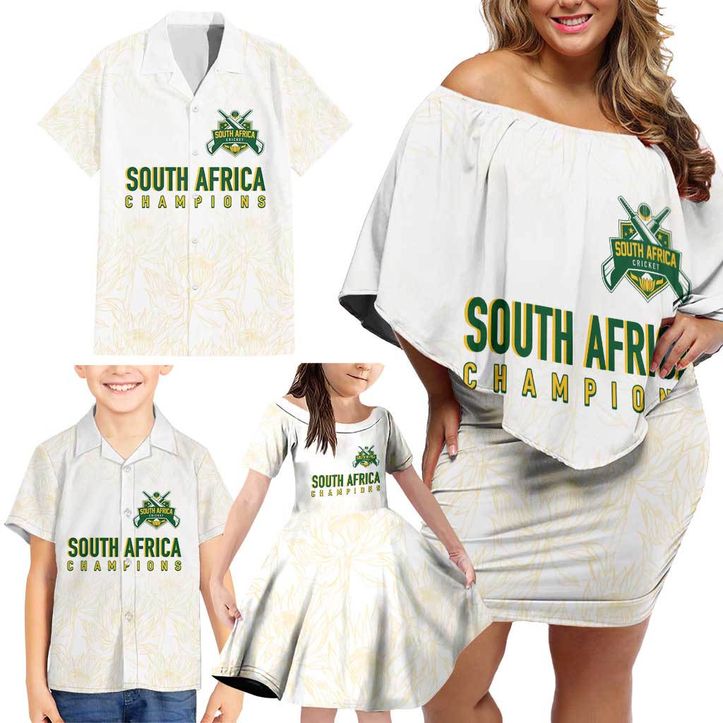 South Africa Cricket Champion Custom Family Matching Off Shoulder Short Dress and Hawaiian Shirt Gold Proteas - All White - Wonder Print Shop