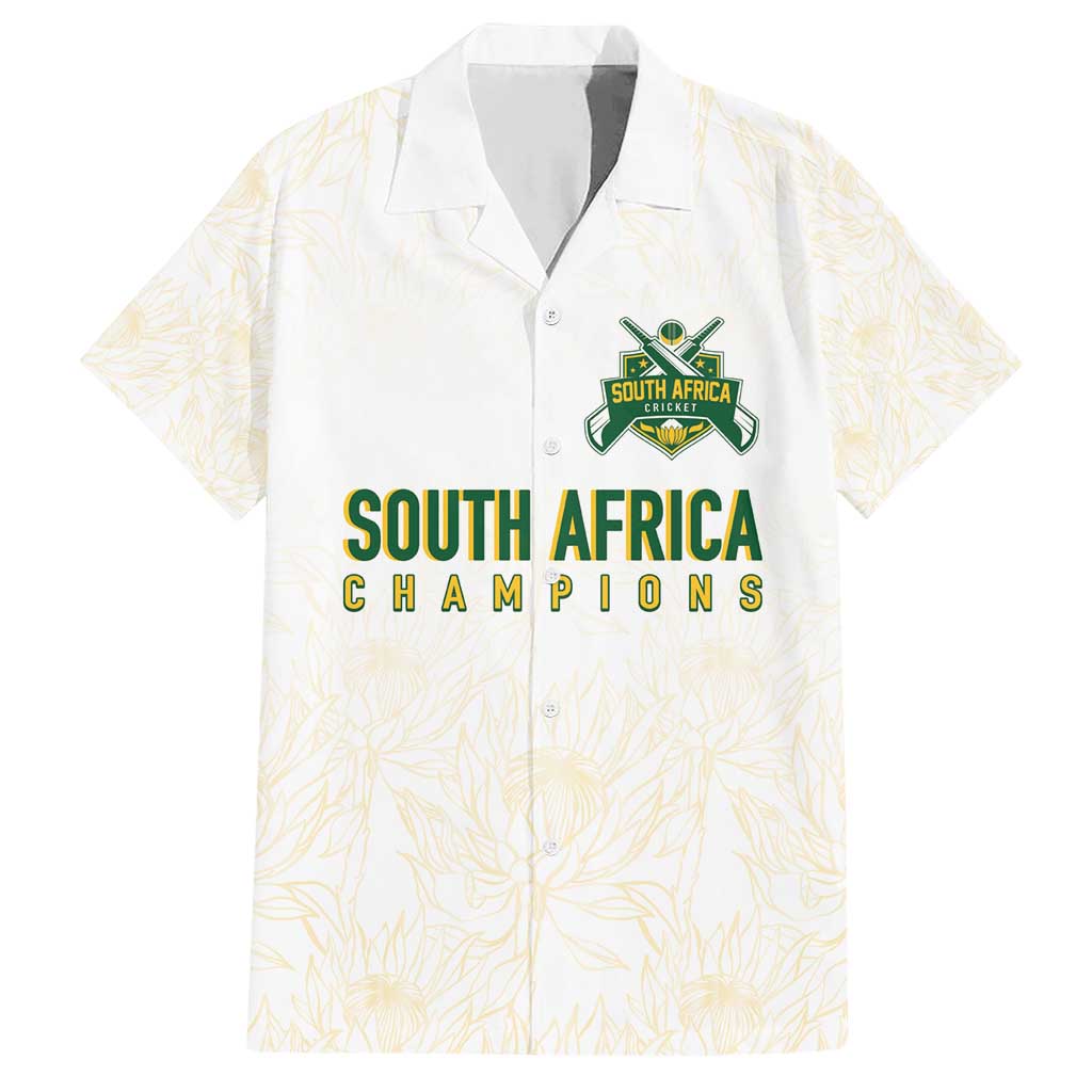 South Africa Cricket Champion Custom Family Matching Short Sleeve Bodycon Dress and Hawaiian Shirt Gold Proteas - All White - Wonder Print Shop
