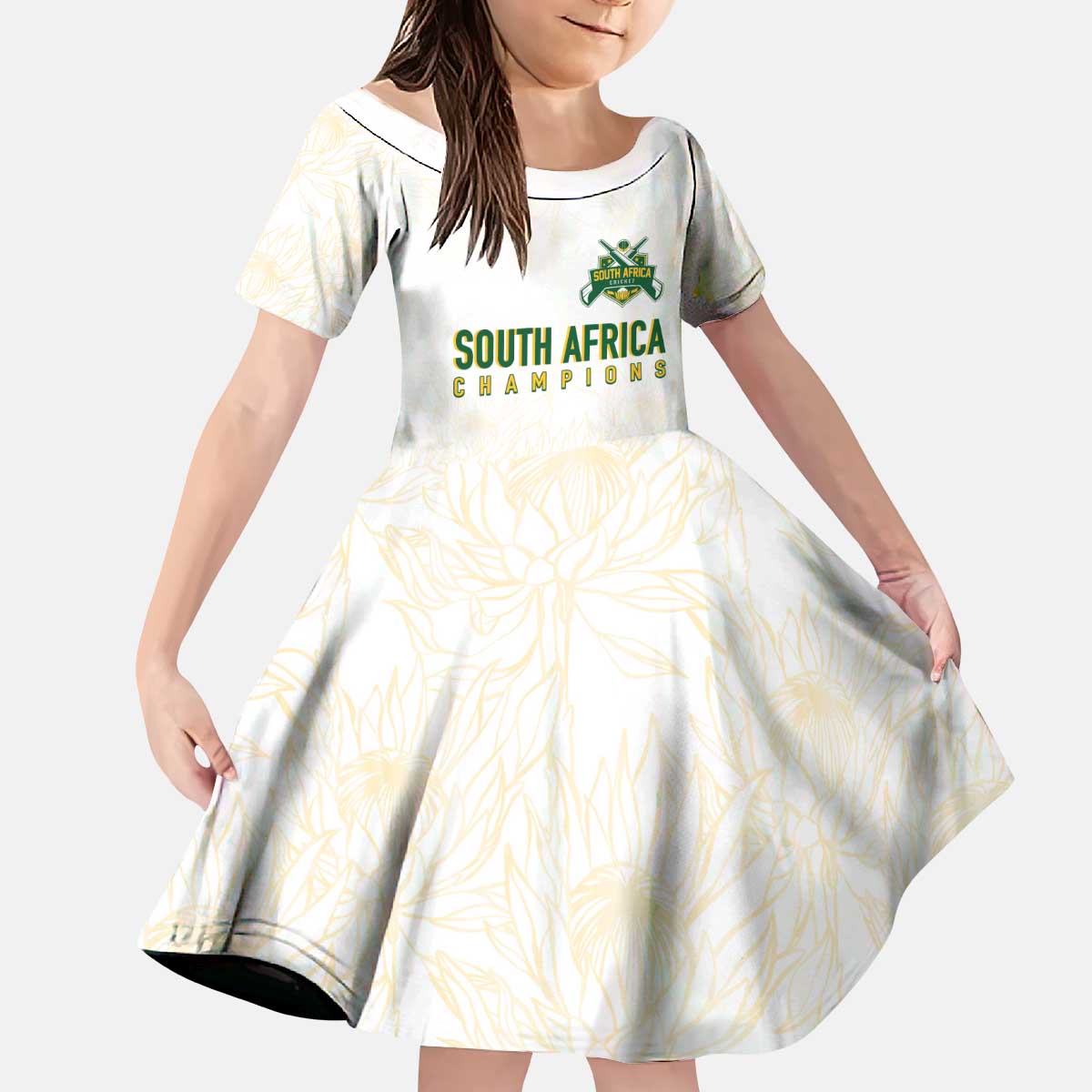 South Africa Cricket Champion Custom Kid Short Sleeve Dress Gold Proteas - All White - Wonder Print Shop