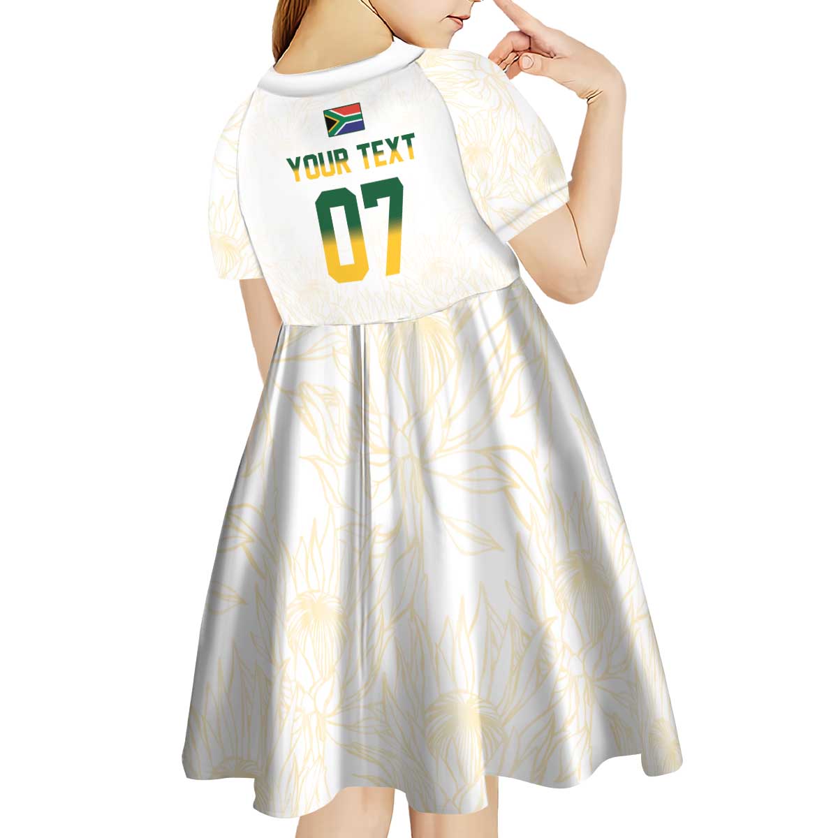 South Africa Cricket Champion Custom Kid Short Sleeve Dress Gold Proteas - All White - Wonder Print Shop