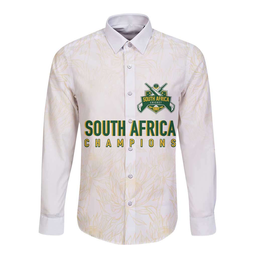 South Africa Cricket Champion Custom Long Sleeve Button Shirt Gold Proteas - All White - Wonder Print Shop