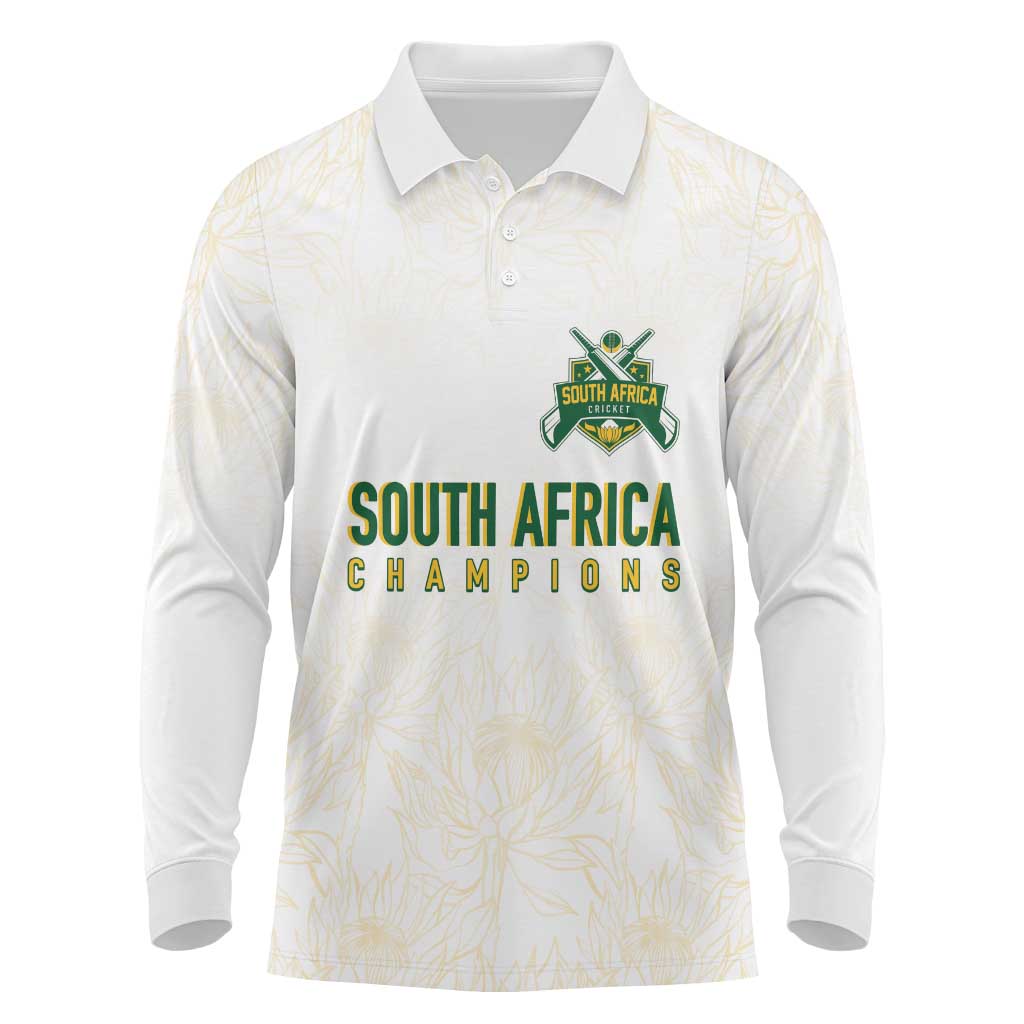 South Africa Cricket Champion Custom Long Sleeve Polo Shirt Gold Proteas - All White - Wonder Print Shop