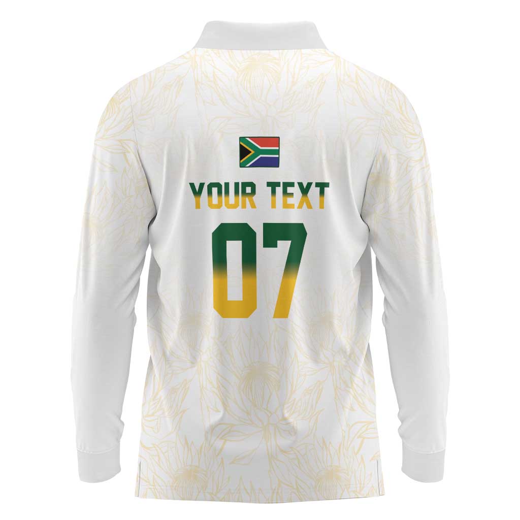 South Africa Cricket Champion Custom Long Sleeve Polo Shirt Gold Proteas - All White - Wonder Print Shop