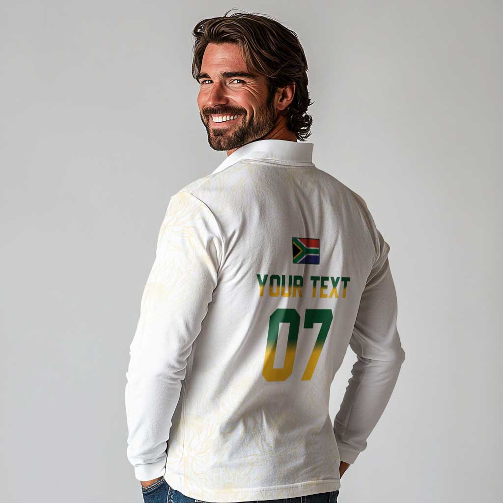 South Africa Cricket Champion Custom Long Sleeve Polo Shirt Gold Proteas - All White - Wonder Print Shop