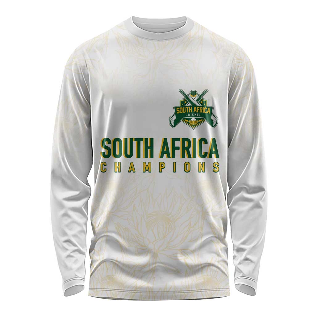 South Africa Cricket Champion Custom Long Sleeve Shirt Gold Proteas - All White - Wonder Print Shop