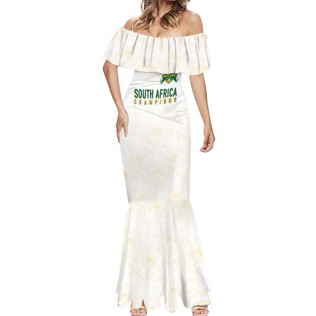 South Africa Cricket Champion Custom Mermaid Dress Gold Proteas - All White - Wonder Print Shop