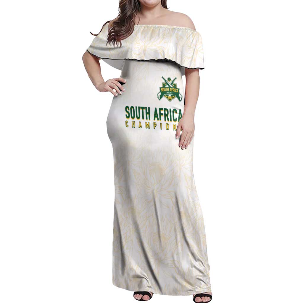 South Africa Cricket Champion Custom Off Shoulder Maxi Dress Gold Proteas - All White - Wonder Print Shop
