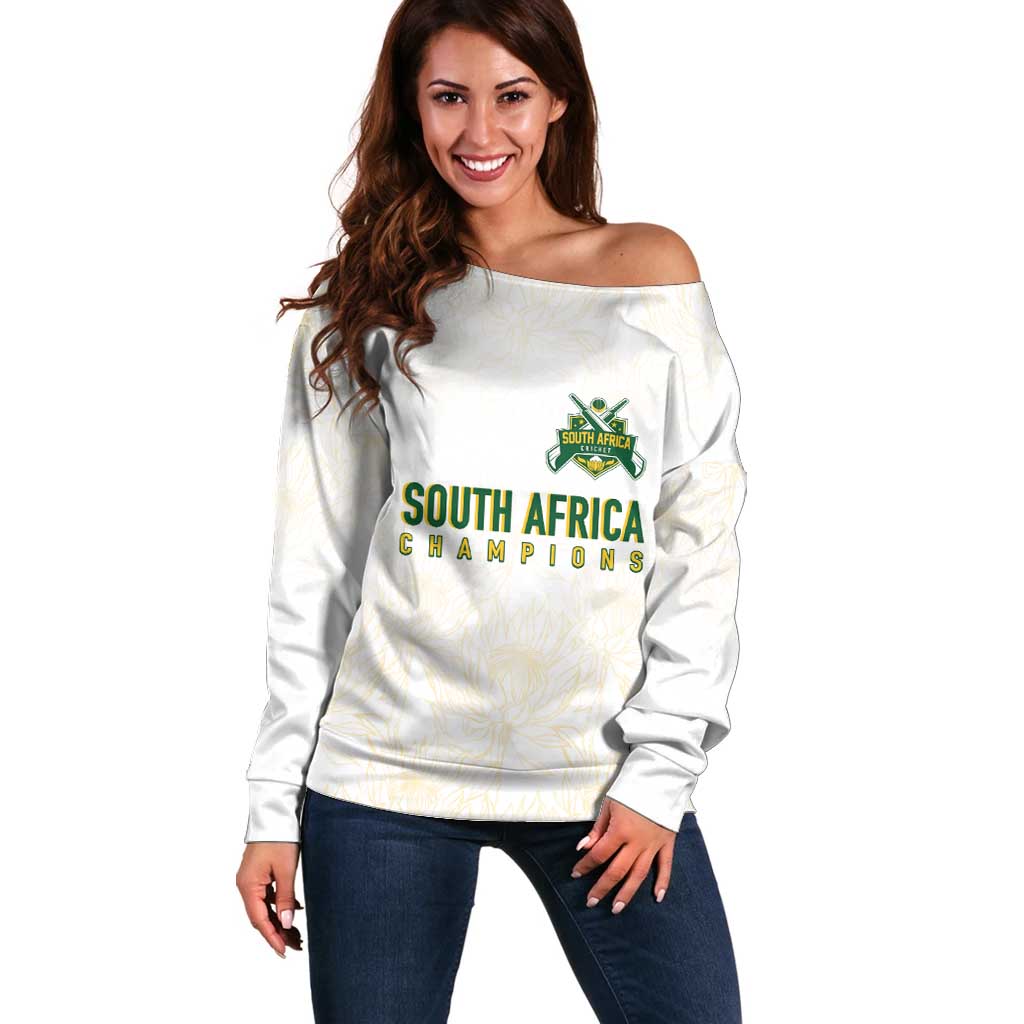 South Africa Cricket Champion Custom Off Shoulder Sweater Gold Proteas - All White - Wonder Print Shop