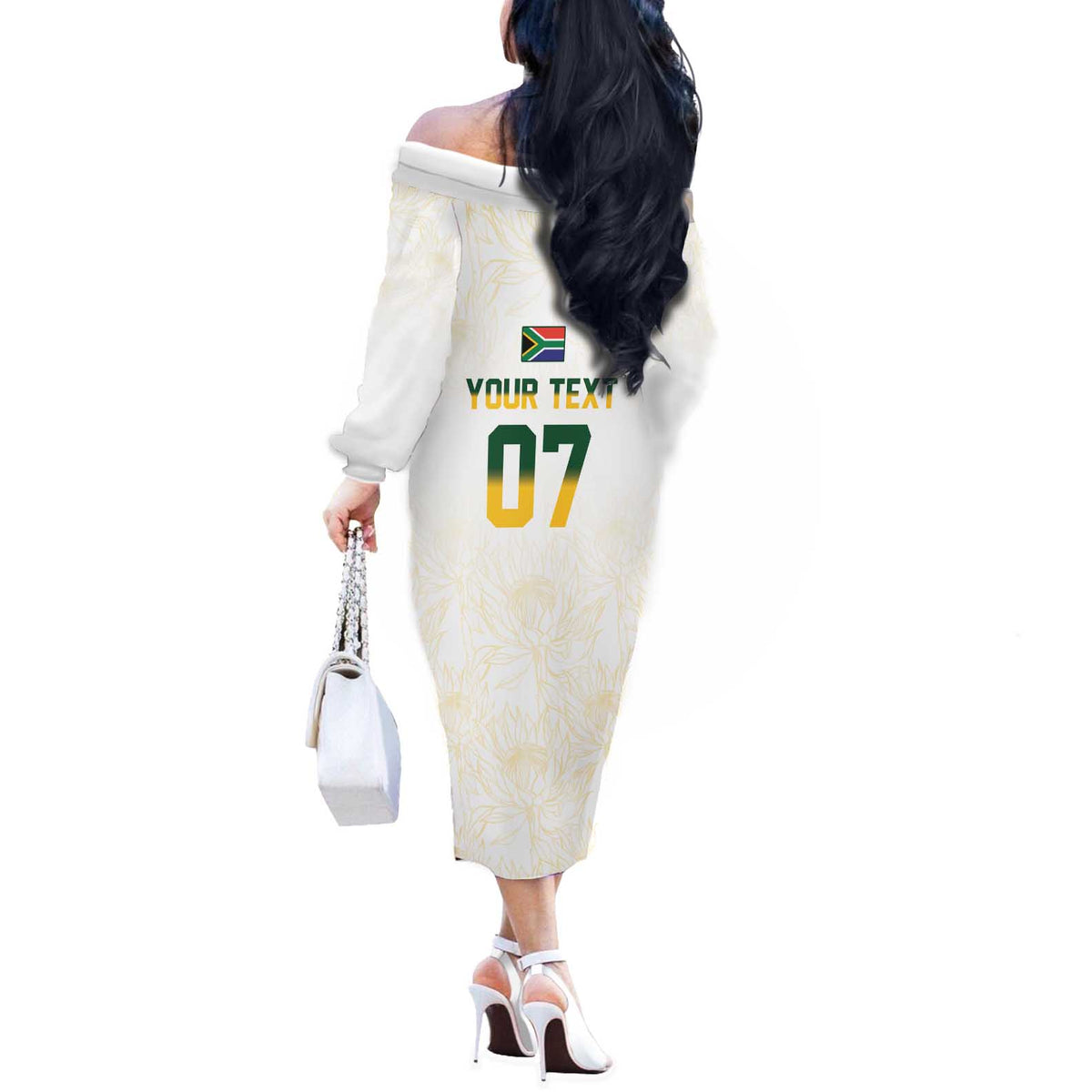 South Africa Cricket Champion Custom Off The Shoulder Long Sleeve Dress Gold Proteas - All White - Wonder Print Shop