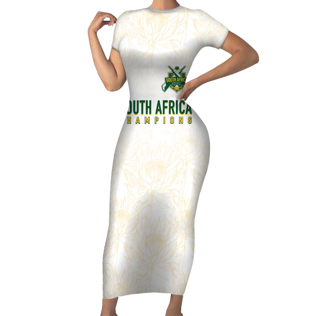 South Africa Cricket Champion Custom Short Sleeve Bodycon Dress Gold Proteas - All White - Wonder Print Shop