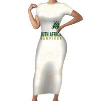 South Africa Cricket Champion Custom Short Sleeve Bodycon Dress Gold Proteas - All White - Wonder Print Shop