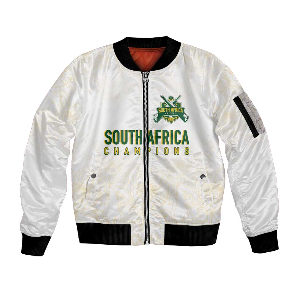 South Africa Cricket Champion Custom Sleeve Zip Bomber Jacket Gold Proteas - All White - Wonder Print Shop