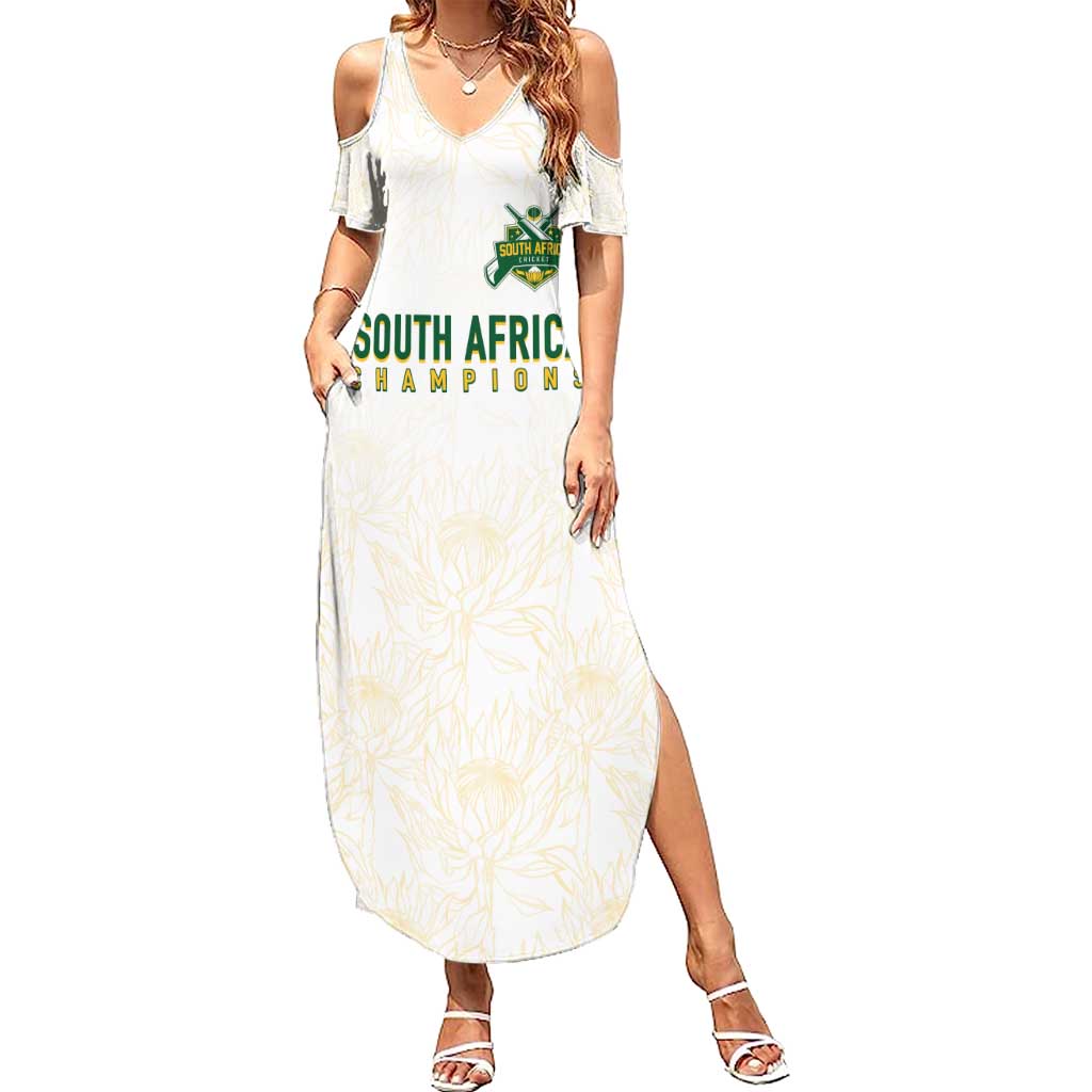 South Africa Cricket Champion Custom Summer Maxi Dress Gold Proteas - All White - Wonder Print Shop