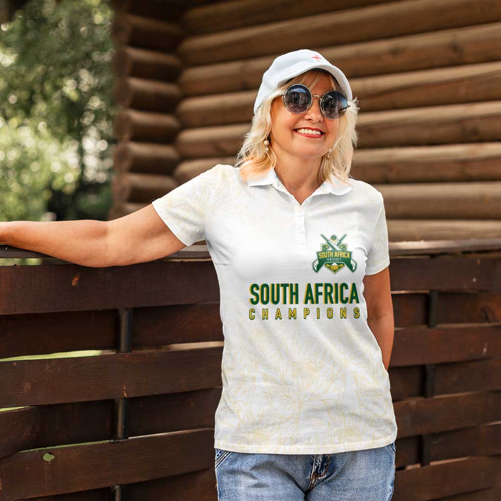 South Africa Cricket Champion Custom Women Polo Shirt Gold Proteas - All White - Wonder Print Shop