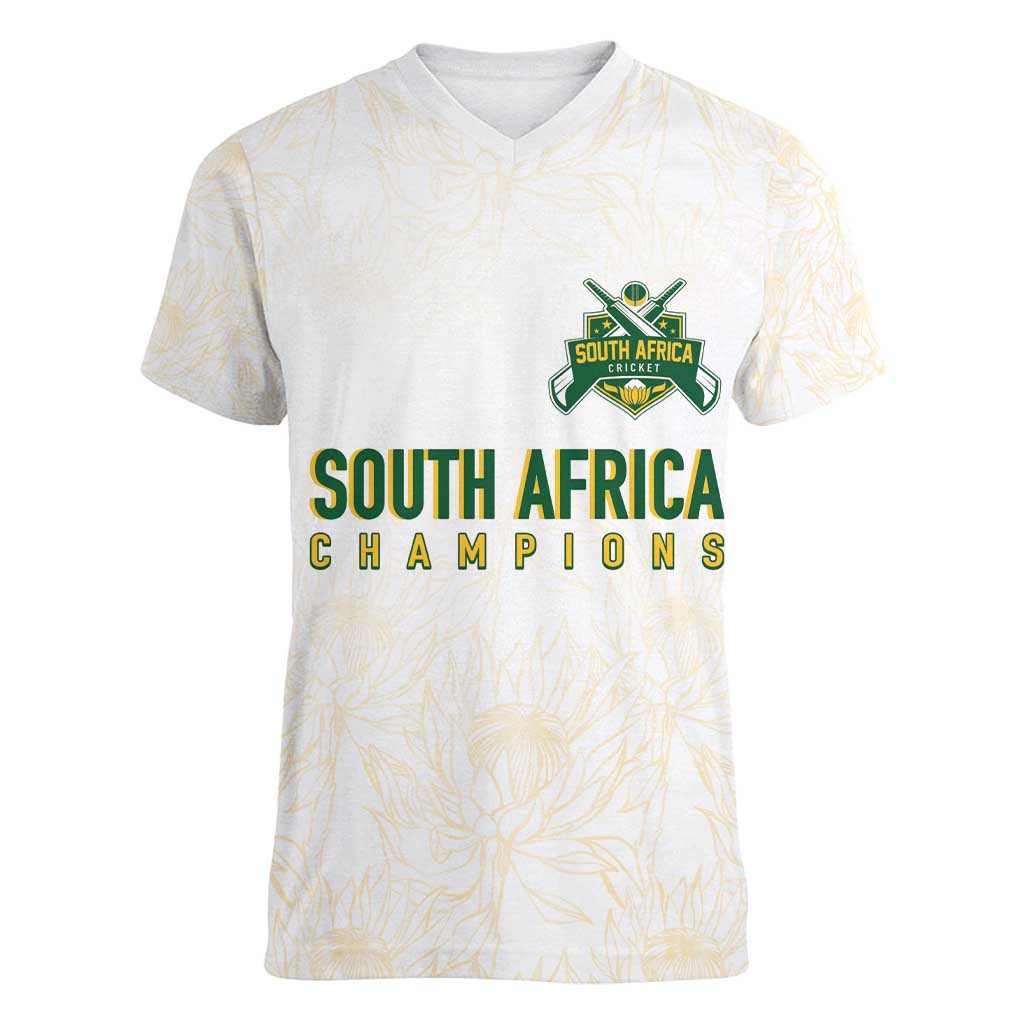 South Africa Cricket Champion Custom Women V-Neck T-Shirt Gold Proteas - All White - Wonder Print Shop