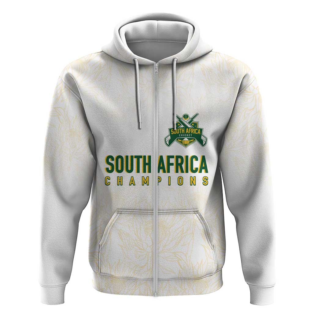 South Africa Cricket Champion Custom Zip Hoodie Gold Proteas - All White - Wonder Print Shop