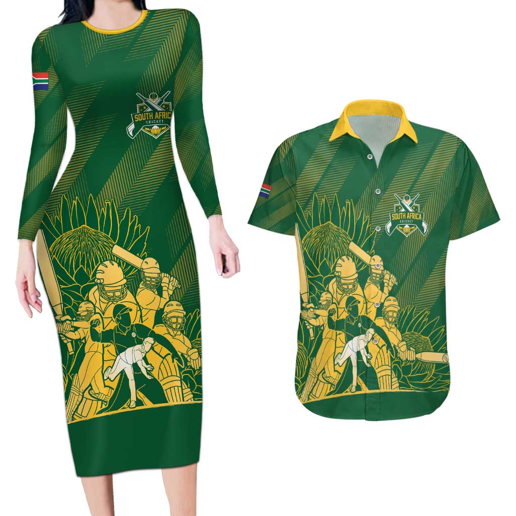 South Africa Cricket Champion Custom Couples Matching Long Sleeve Bodycon Dress and Hawaiian Shirt Proteas Rock The World - Wonder Print Shop