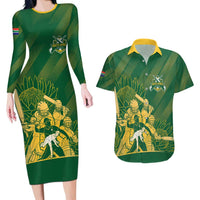 South Africa Cricket Champion Custom Couples Matching Long Sleeve Bodycon Dress and Hawaiian Shirt Proteas Rock The World - Wonder Print Shop