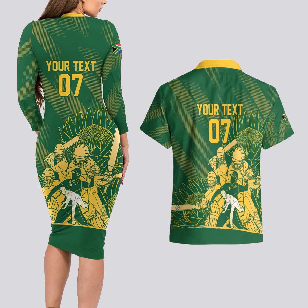 South Africa Cricket Champion Custom Couples Matching Long Sleeve Bodycon Dress and Hawaiian Shirt Proteas Rock The World - Wonder Print Shop