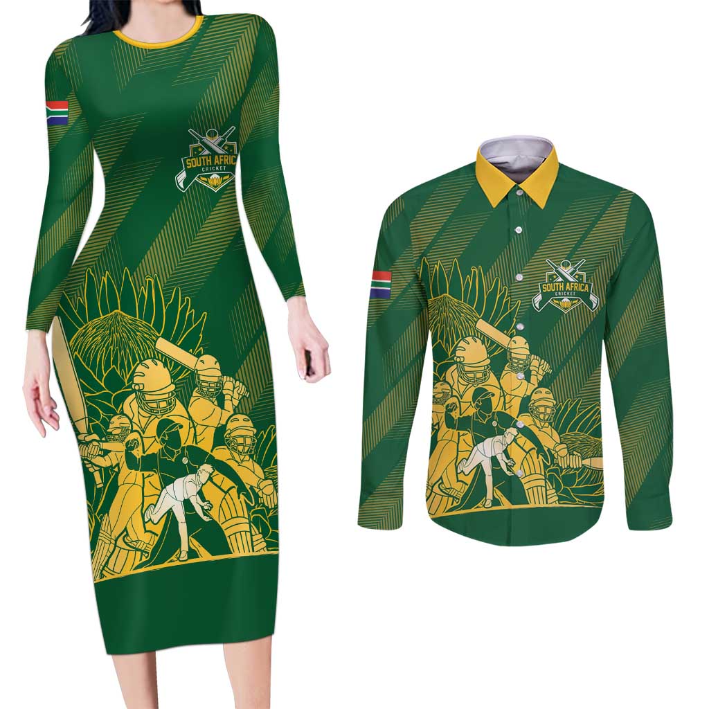 South Africa Cricket Champion Custom Couples Matching Long Sleeve Bodycon Dress and Long Sleeve Button Shirt Proteas Rock The World - Wonder Print Shop