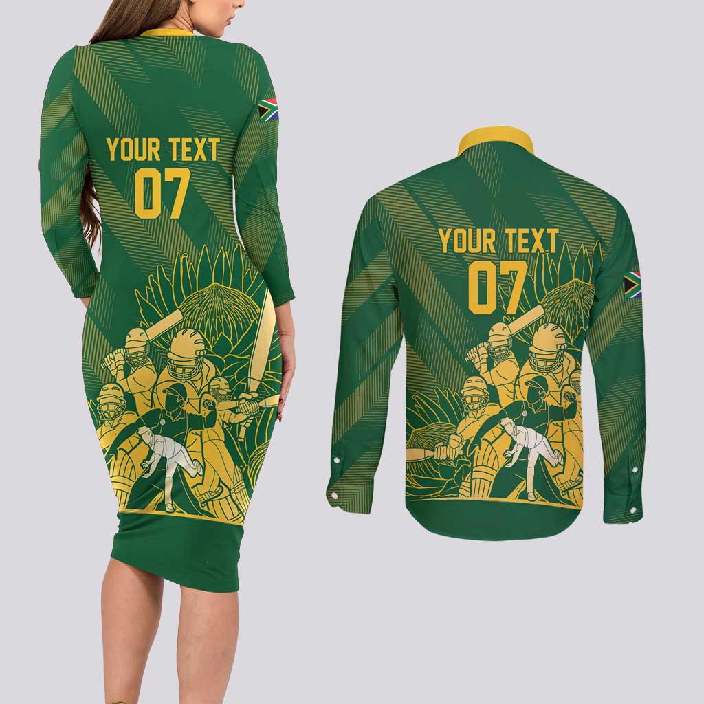 South Africa Cricket Champion Custom Couples Matching Long Sleeve Bodycon Dress and Long Sleeve Button Shirt Proteas Rock The World - Wonder Print Shop