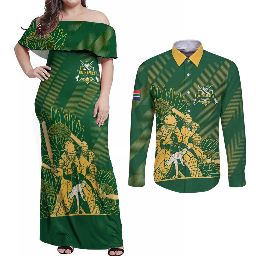 South Africa Cricket Champion Custom Couples Matching Off Shoulder Maxi Dress and Long Sleeve Button Shirt Proteas Rock The World - Wonder Print Shop
