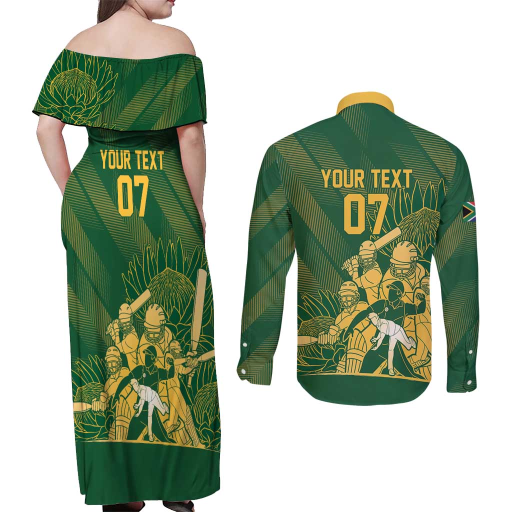 South Africa Cricket Champion Custom Couples Matching Off Shoulder Maxi Dress and Long Sleeve Button Shirt Proteas Rock The World - Wonder Print Shop