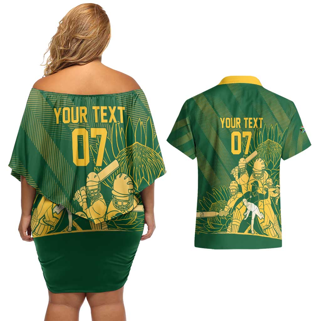 South Africa Cricket Champion Custom Couples Matching Off Shoulder Short Dress and Hawaiian Shirt Proteas Rock The World - Wonder Print Shop