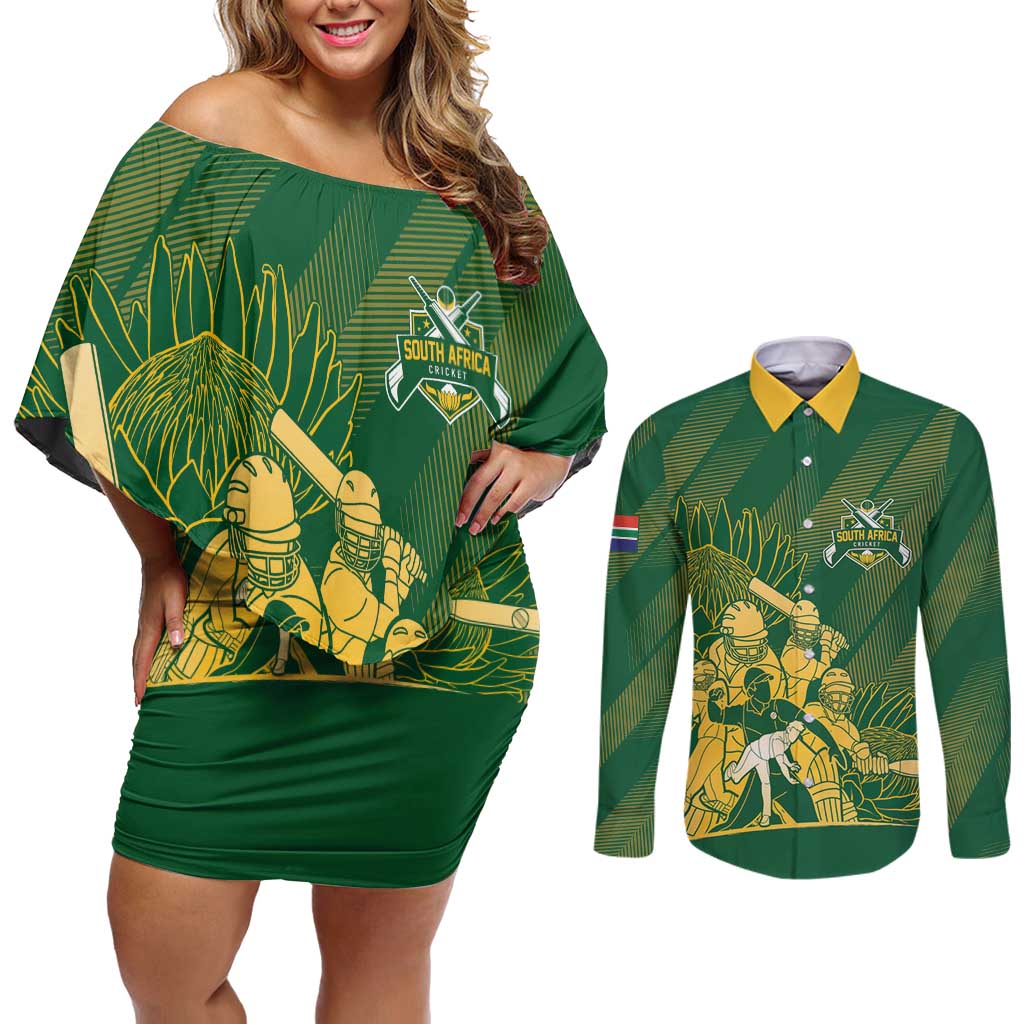 South Africa Cricket Champion Custom Couples Matching Off Shoulder Short Dress and Long Sleeve Button Shirt Proteas Rock The World - Wonder Print Shop