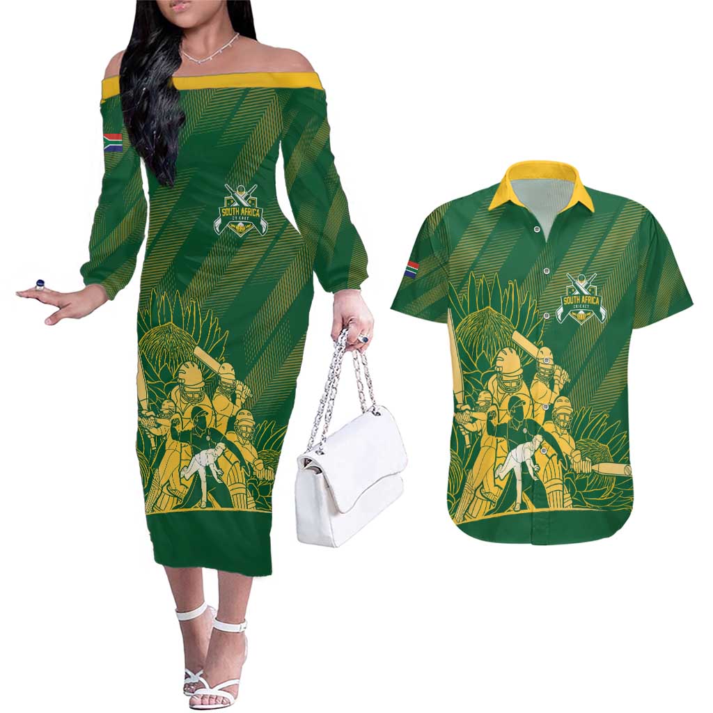 South Africa Cricket Champion Custom Couples Matching Off The Shoulder Long Sleeve Dress and Hawaiian Shirt Proteas Rock The World - Wonder Print Shop