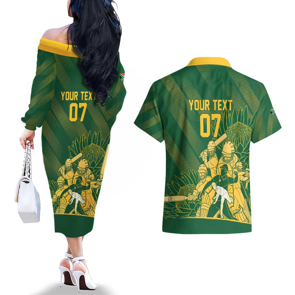South Africa Cricket Champion Custom Couples Matching Off The Shoulder Long Sleeve Dress and Hawaiian Shirt Proteas Rock The World - Wonder Print Shop